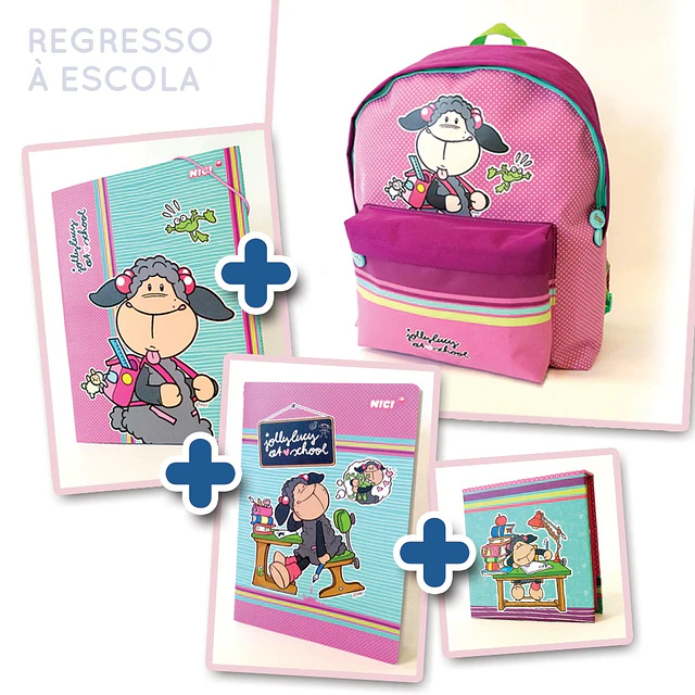Conjunto: Mochila (15002) + Pasta de elásticos (15154) + Bloco de notas magnético (15163) + Caderno A4 (15165)