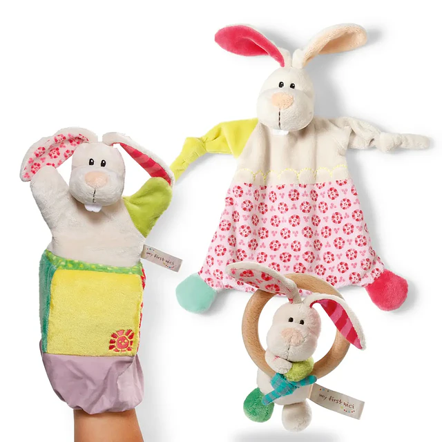 Pack 5_ Fantoche de mão Coelho + Figura Coelho c/anel de madeira + Dou-dou Coelho