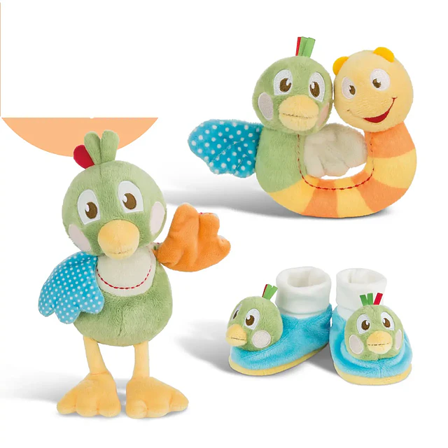 Pack 3_ Peluche Fritz 25cm, pardal + Pantufas bebé c/chocalho, Fritz + Brinquedo anel de peluche, pardal