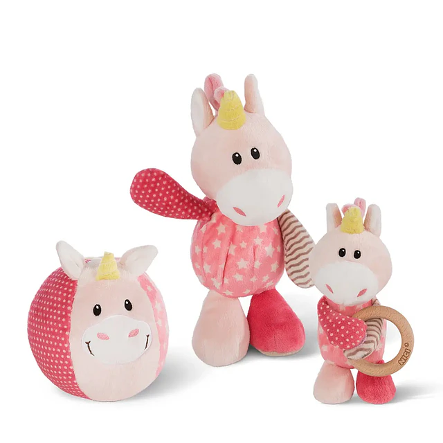 Pack 4_ Brinquedo Unicórnio Stupsi 25cm + Unicórnio Stupsi 15cm c/anel de madeira + Bola macia c/sino Unicórnio