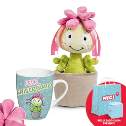 Conjunto: Peluche Sedum Amália, 18cm + Caneca "Feliz Aniversário" + caixa para caneca  + saco de papel médio