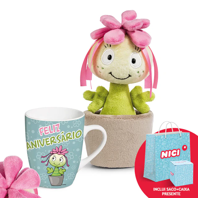 Conjunto: Peluche Sedum Amália, 18cm + Caneca "Feliz Aniversário" + caixa para caneca  + saco de papel médio