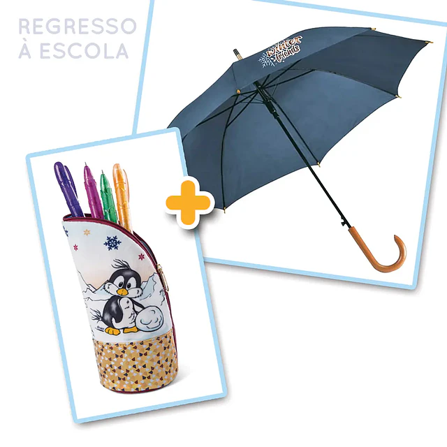 Regresso à Escola_ Pack 20 (Estojo vertical Pinguim + Guarda-chuva Azul)