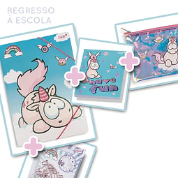 Regresso à Escola_ Pack 18 (Capa de elásticos A4 Theodor + Bloco notas A6 Theodor  + Clips formato unicórnio + Estojo plano Theodor )