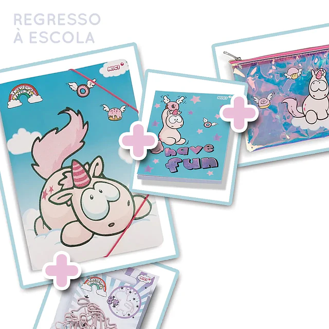 Regresso à Escola_ Pack 18 (Capa de elásticos A4 Theodor + Bloco notas A6 Theodor  + Clips formato unicórnio + Estojo plano Theodor )