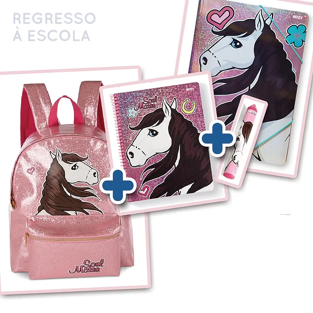 Regresso à Escola_ Pack 13 (Mochila Soulmates + Capa c/elástico Soulamates + Caderno c/espiral quadriculado A5 Soulmates  + Borracha em forma de caneta Soulmates)