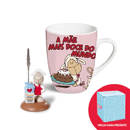 Conjunto: Caneca "A MÃE MAIS DOCE DO MUNDO !"   + Resina Porta Fotos. Ovelha c/ Fogão  + caixa para caneca 