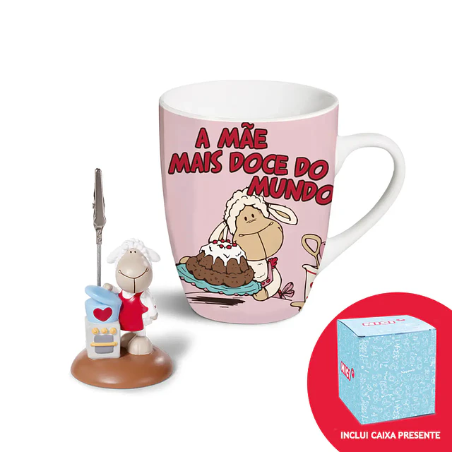 Conjunto: Caneca "A MÃE MAIS DOCE DO MUNDO !"   + Resina Porta Fotos. Ovelha c/ Fogão  + caixa para caneca 