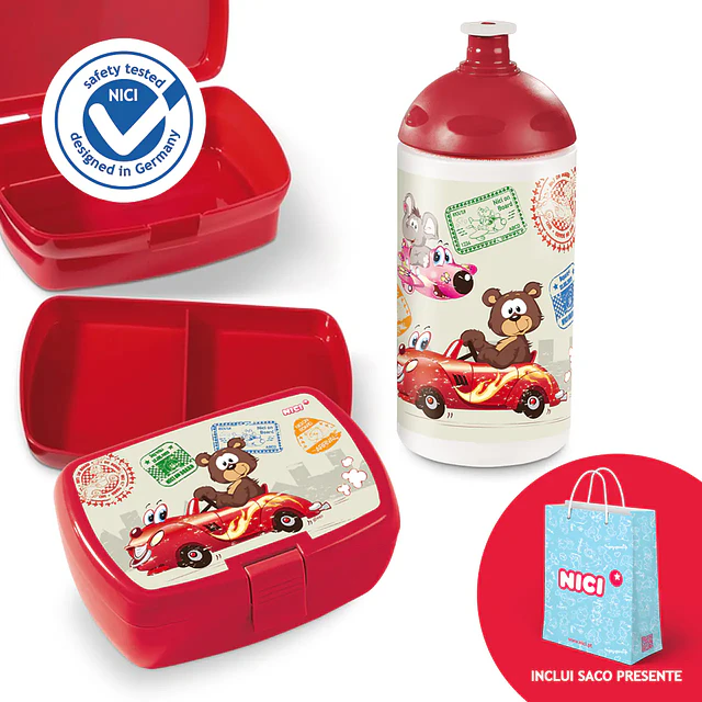 Conjunto: Lancheira NICI Cars + Garrafa de desporto NICI Cars + saco de papel médio 