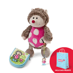 Conjunto: Carteira 11x10cm, Ouriço+Toupeira  + Peluche 15cm, Ouriço + Beauties, Ouriço + Saco de papel pequeno
