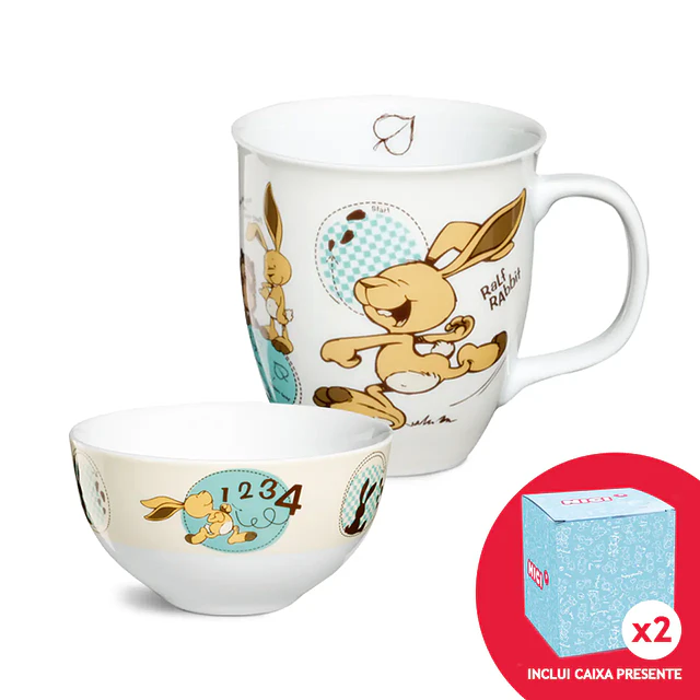 Conjunto: Caneca Coelho  + Taça de cereais Coelho  + 2 x Caixas para canecas 