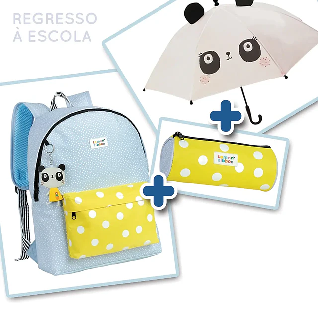 Regresso à Escola_ Pack 8 (Mochila Panda  + Estojo Panda + Guarda-chuva Panda  )