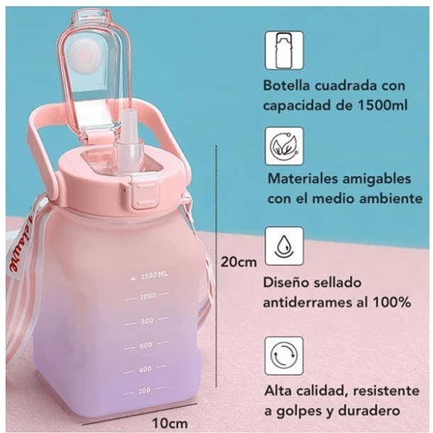 Botella De Agua 1.5 Lts Motivacional Deportiva Agua Diaria 15