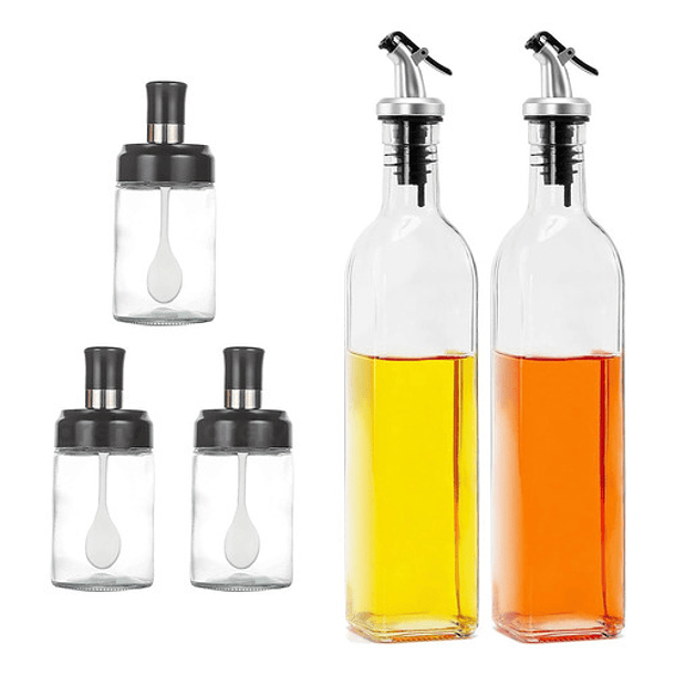 Set De 2 Botellas Aceite, Vinagre + 3 Especieros De Cristal