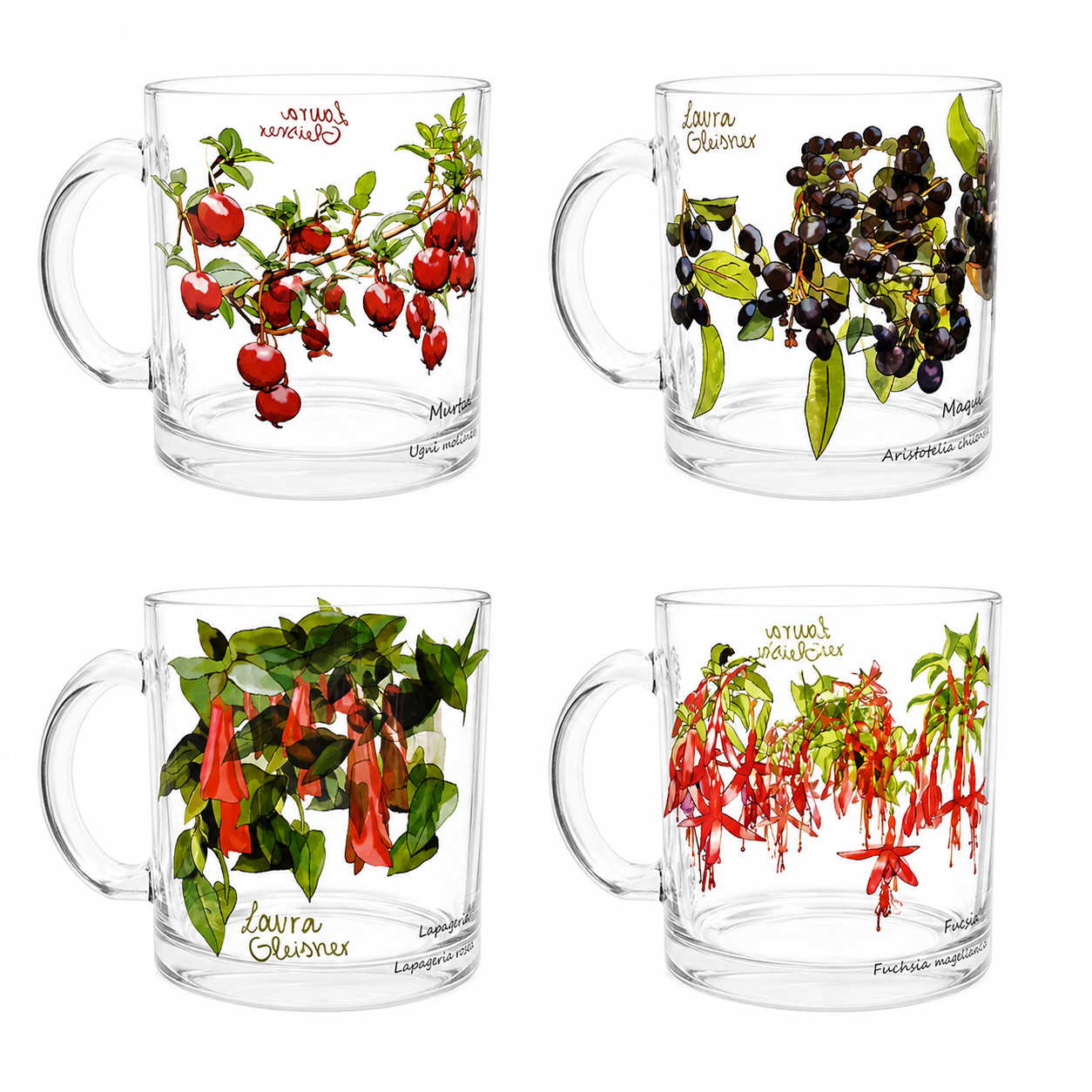 Pack 4 Tazones Vidrio Flora Chilena