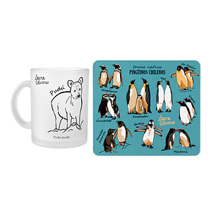 Pack Oficina: Tazón Empavonado Pudú + Mousepad Pingüinos