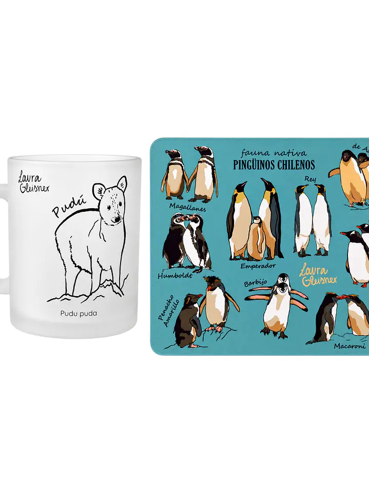 Pack Oficina: Tazón Empavonado Pudú + Mousepad Pingüinos 1