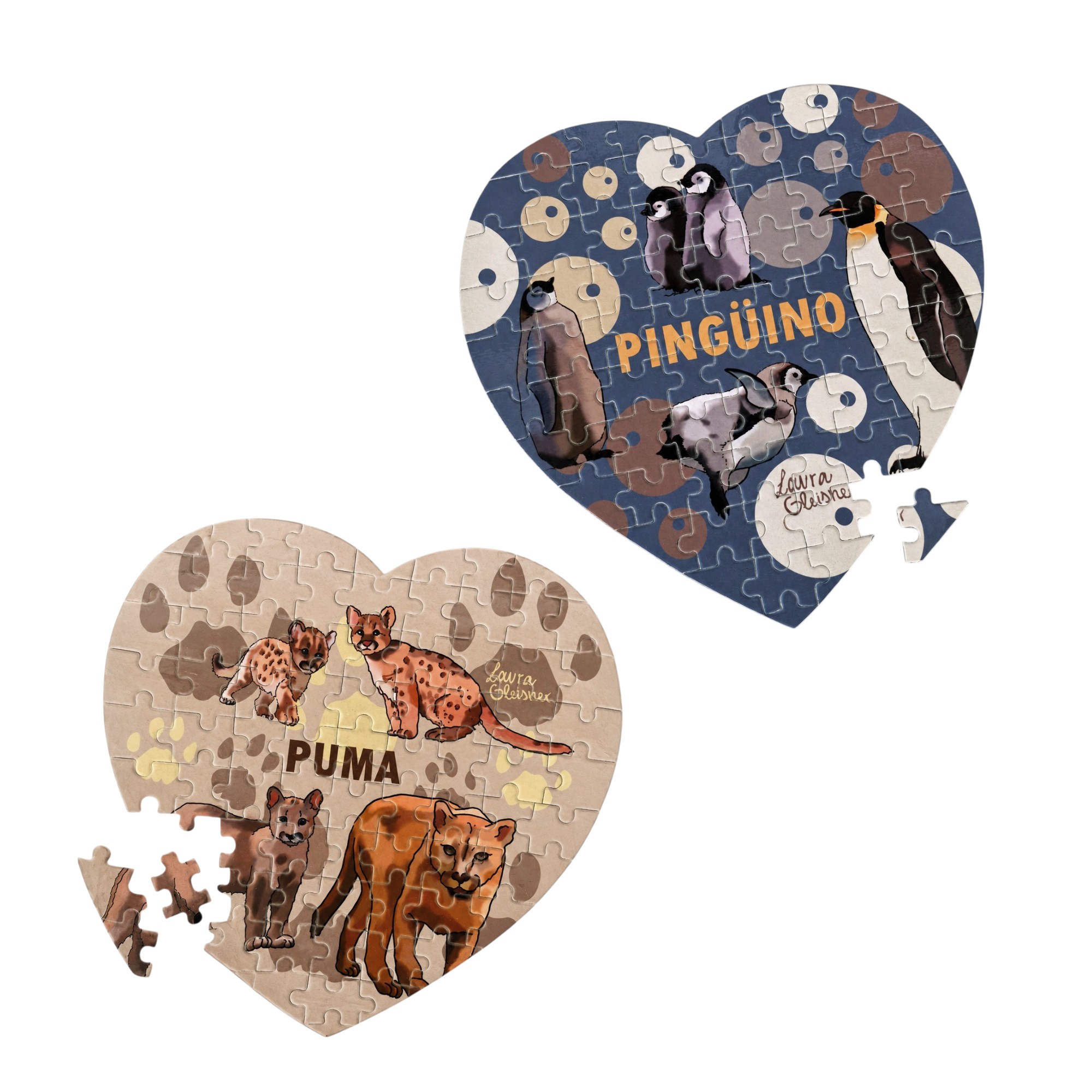 Pack 2 Puzzles Corazón: Puma + Pingüinos