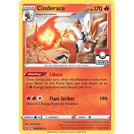 Cinderace 034/202 Rare Reverse Holo - Inglés League