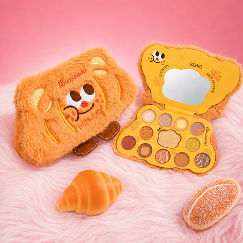 Paleta de Maquillaje 12 Colores con Espejo Diseño Croissant Kawaii