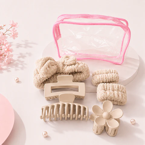 Set Spa Skincare 7 Piezas con Cintillo, Muñequeras, Pinzas y Cosmetiquero