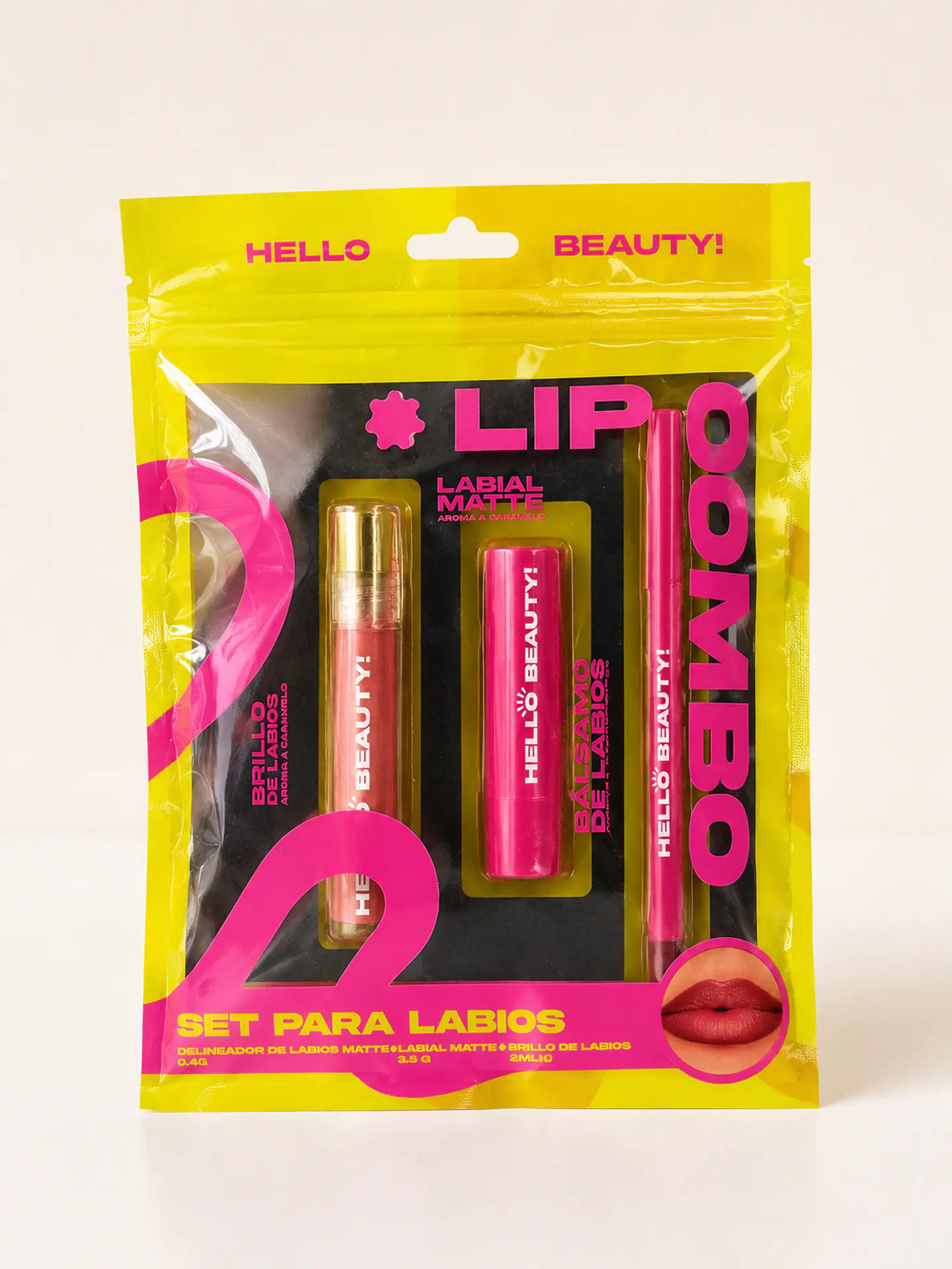 Set Lip Combo Hello Beauty – Labial Matte, Delineador y Brillo Labial 1