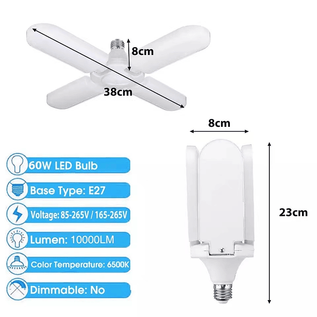 ampolleta 60W led plegable con 4 aspas,(mayor desde 3 unid)