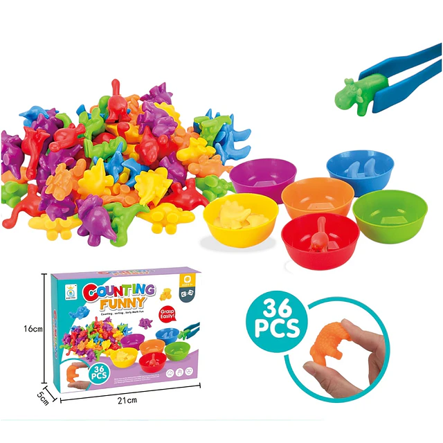 Juego Didáctico Montessori Conteo Dinosaurios Arcoíris 36 piezas, clasificación de colores con tazones y pinzas