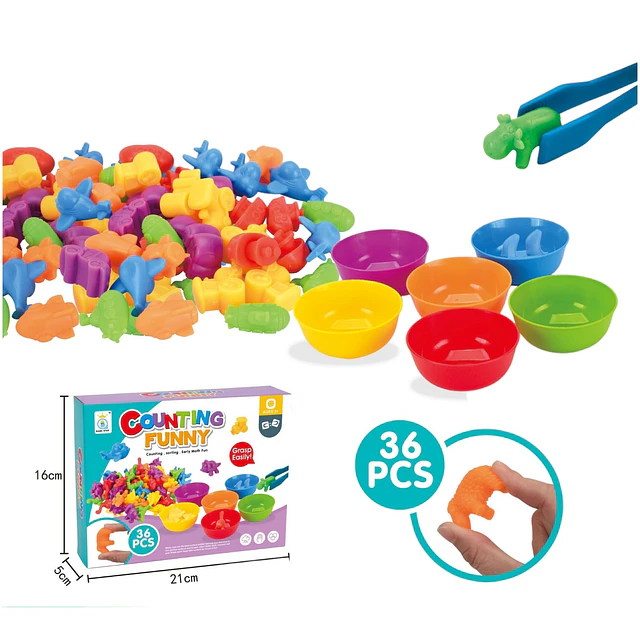 Juego Didáctico Montessori Conteo diseño medios de transporteArcoíris 36 piezas, clasificación de colores con tazones y pinzas