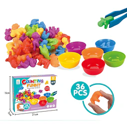 Juego Didáctico Montessori Conteo Diseño Animales Arcoíris 36 piezas, clasificación de colores con tazones y pinzas