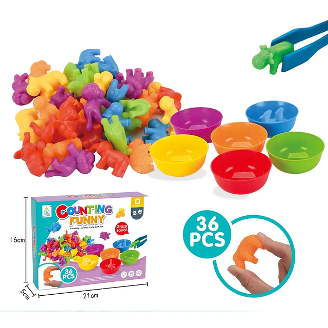 Juego Didáctico Montessori Conteo Diseño Animales Arcoíris 36 piezas, clasificación de colores con tazones y pinzas