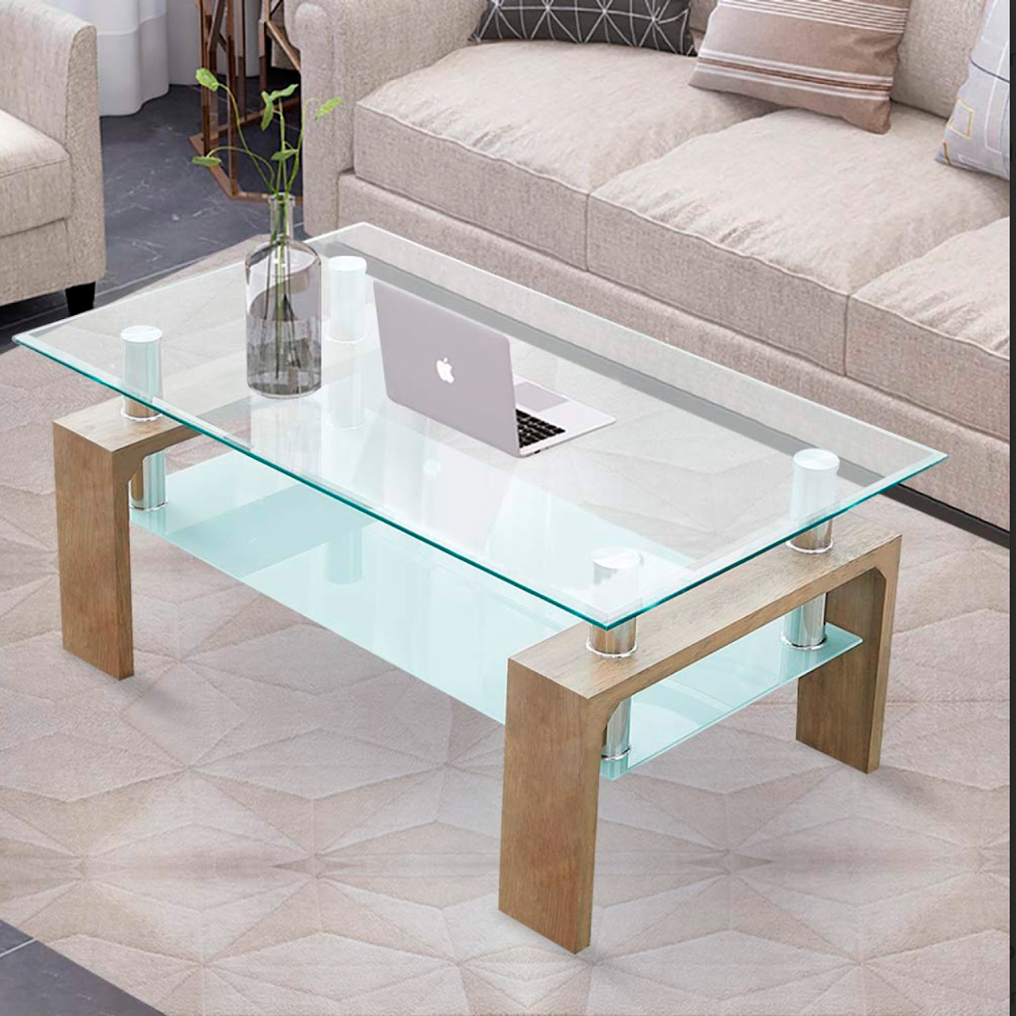 Mesa de Centro Rectangular de Vidrio y Madera 1