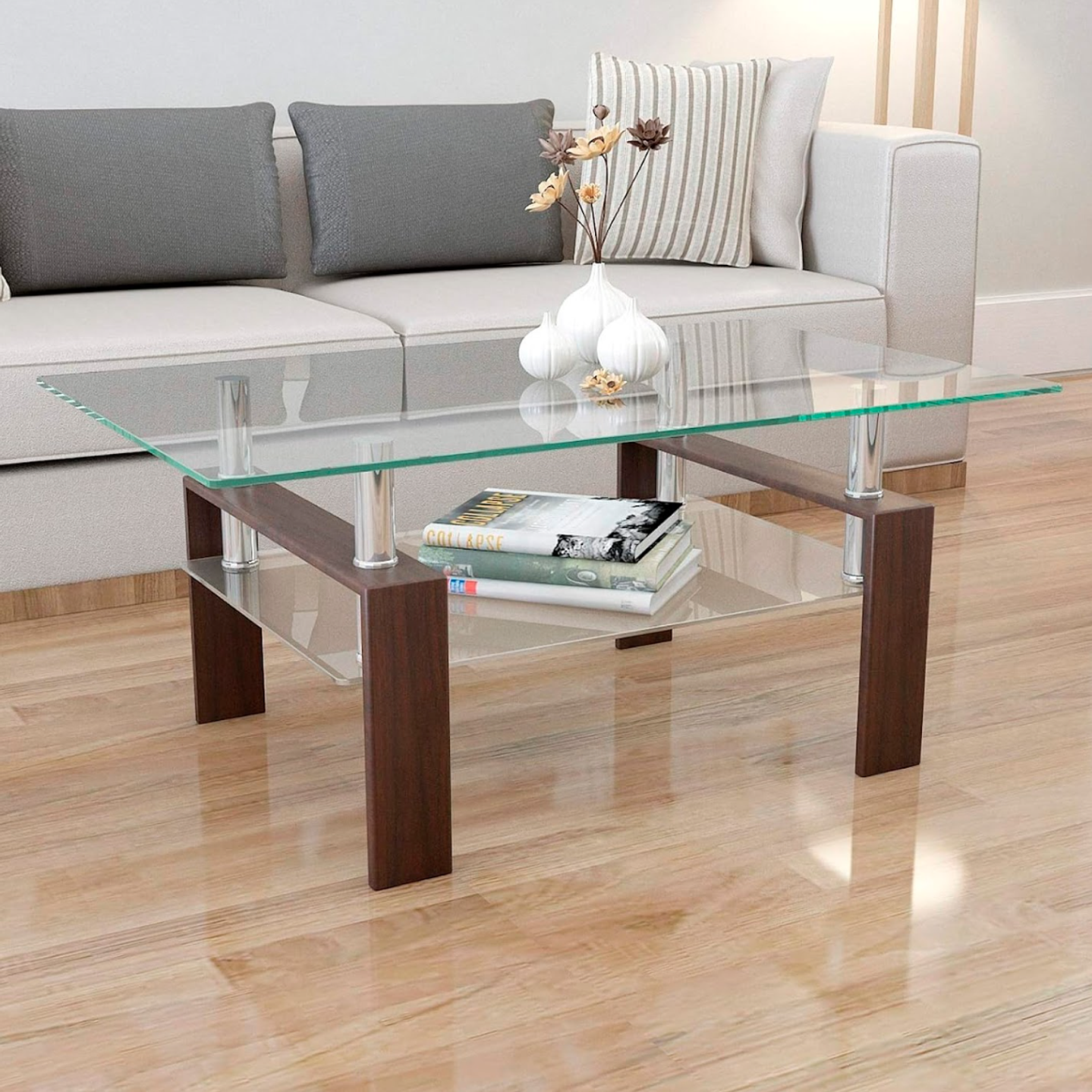 Mesa de Centro para Living Rectangular de Vidrio Madera Oscura 1