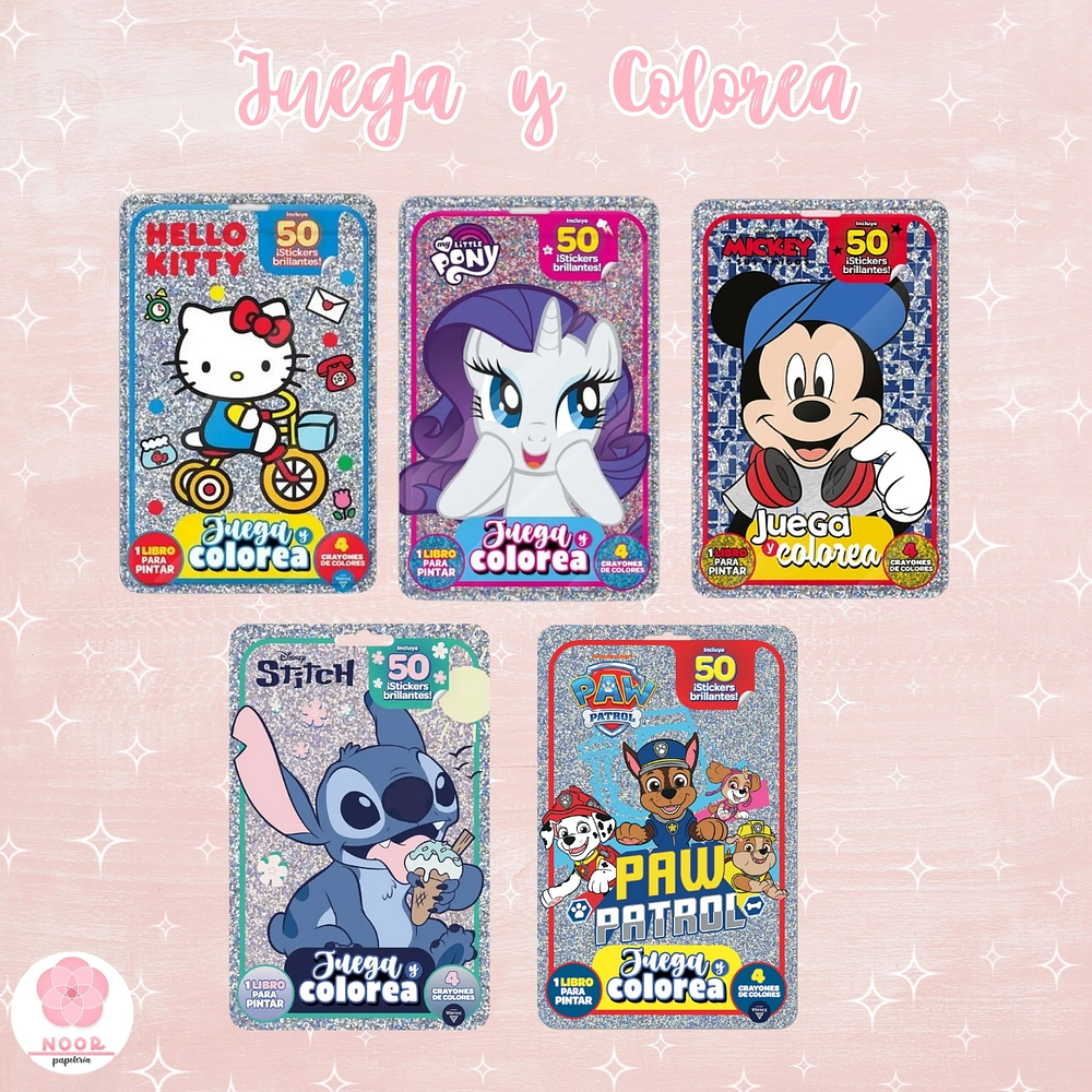 Libros con stickers y crayones Juega y Colorea