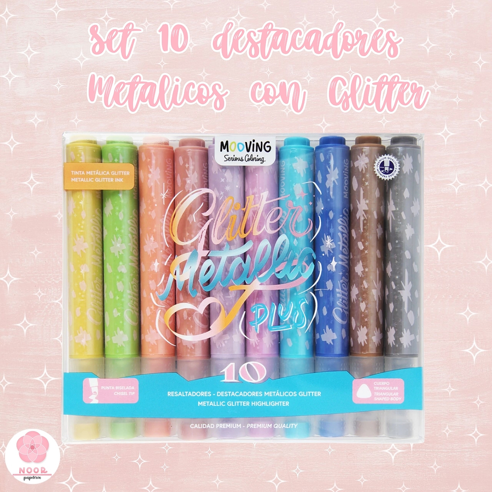 Set de 10 destacadores metálicos con glitter Mooving