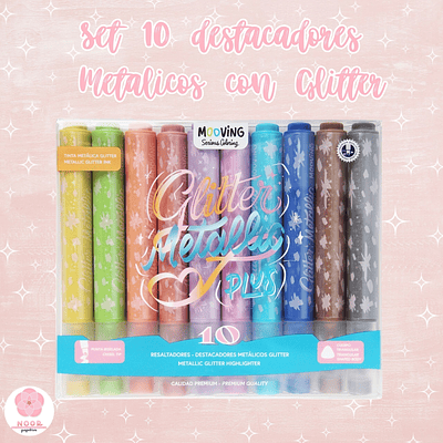 Set de 10 destacadores metálicos con glitter Mooving
