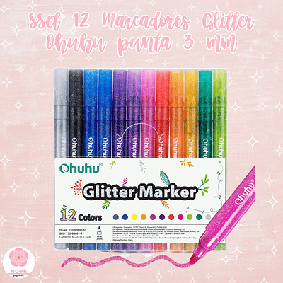 Set 12 Marcadores Glitter Ohuhu punta 3 mm