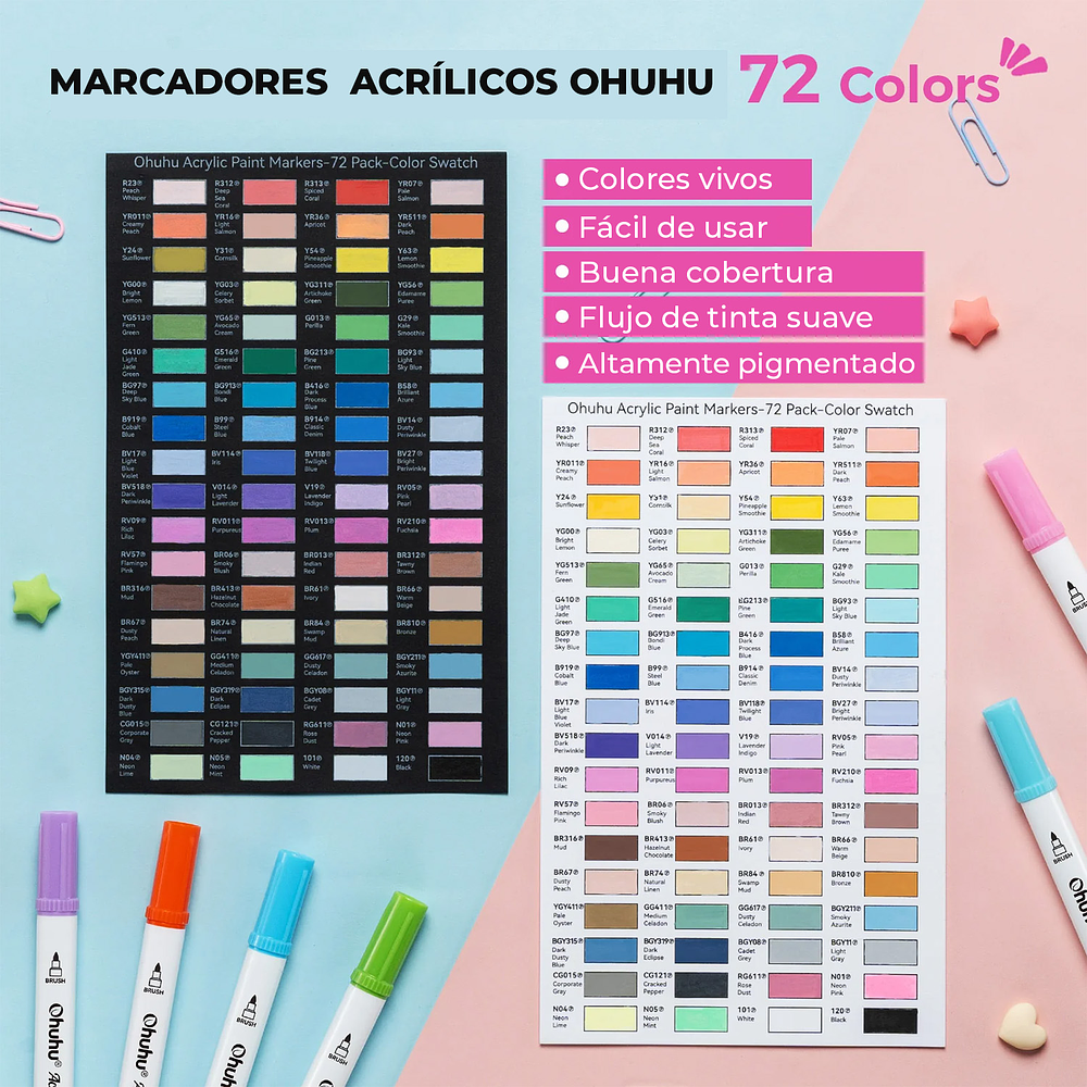 Set Ohuhu 72 marcadores acrílicos Akaka puntas pincel & fina