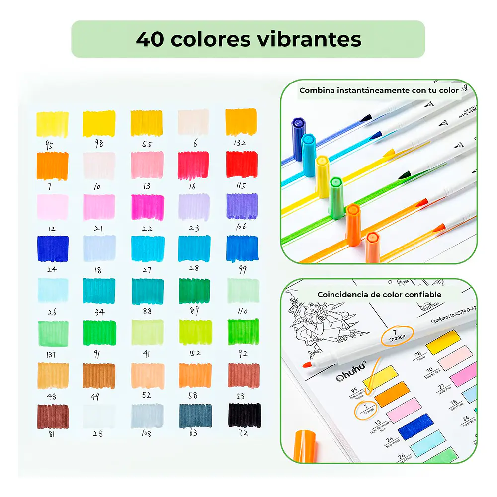 Ohuhu Pupe B Paper Friendly 40 marcadores base de agua + libro para colorear Ohuhu