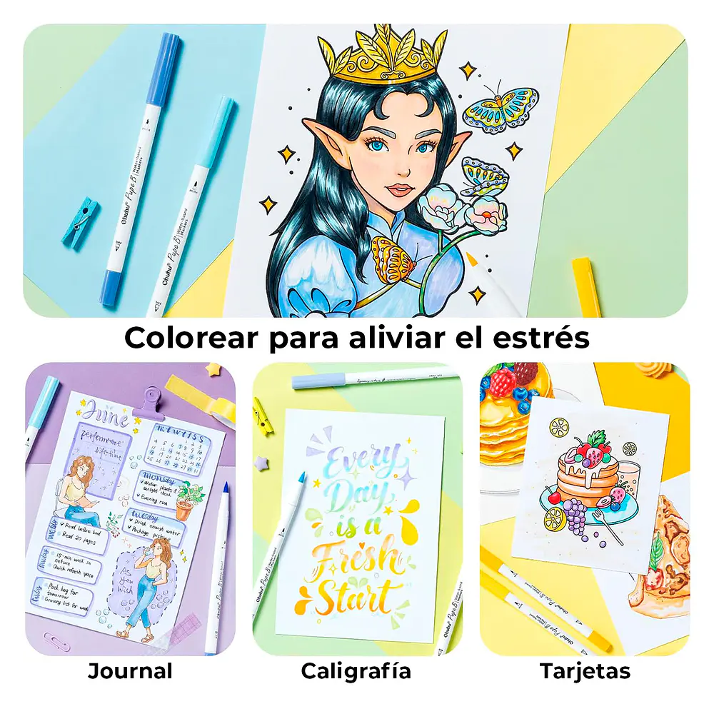 Ohuhu Pupe B Paper Friendly 40 marcadores base de agua + libro para colorear Ohuhu