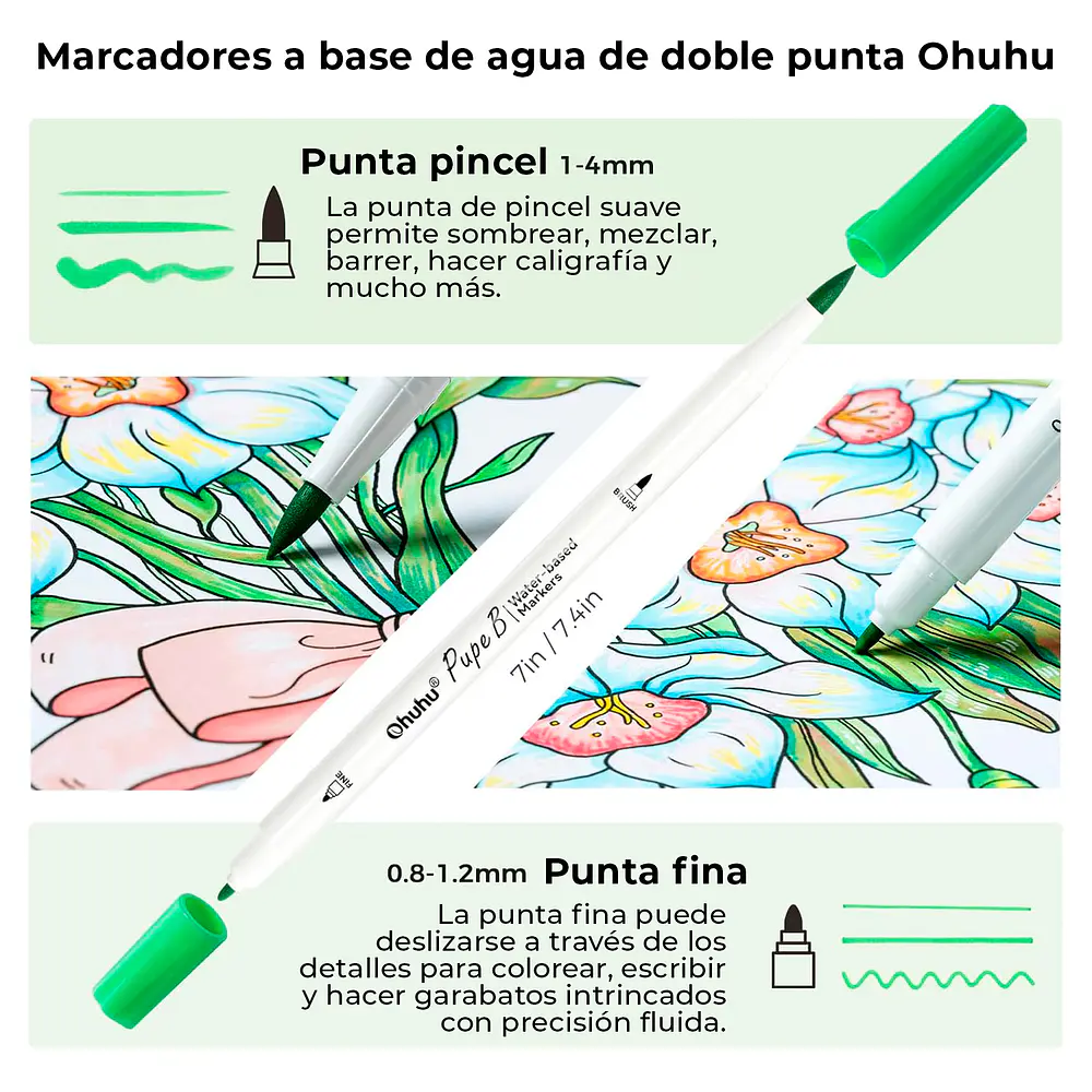 Ohuhu Pupe B Paper Friendly 40 marcadores base de agua + libro para colorear Ohuhu