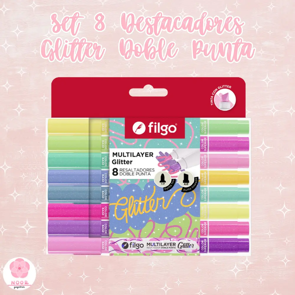 Set 8 Destacadores Filgo Multilayer Glitter Doble Punta