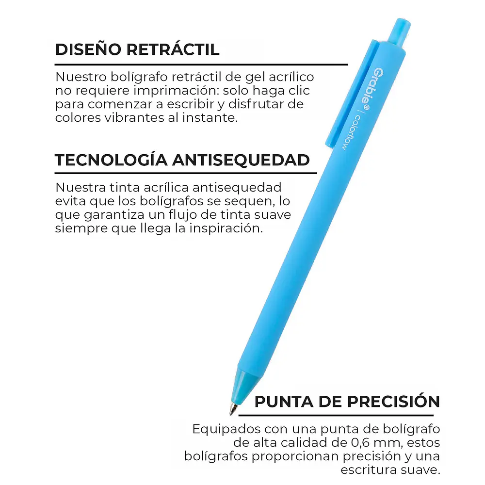 Set 12 Lápices Gel Acrílicos Retráctiles Grabie ColorFlow 0.6 mm