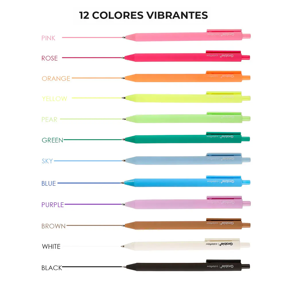 Set 12 Lápices Gel Acrílicos Retráctiles Grabie ColorFlow 0.6 mm