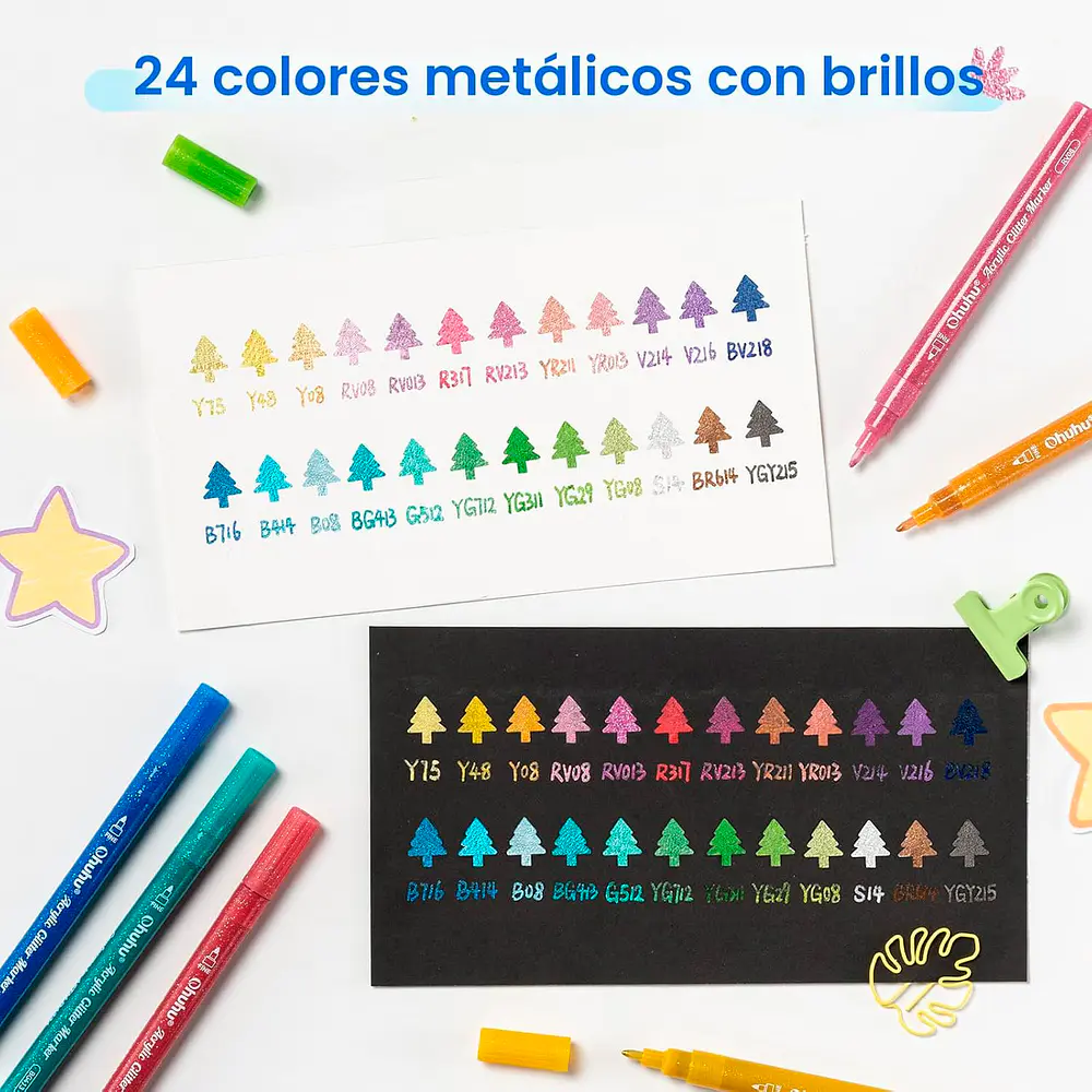 Marcadores Ohuhu Glitter Metálicos 24 Colores 0.7 mm