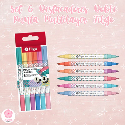 Set 6 Destacadores Creativos Doble Punta Multilayer Filgo