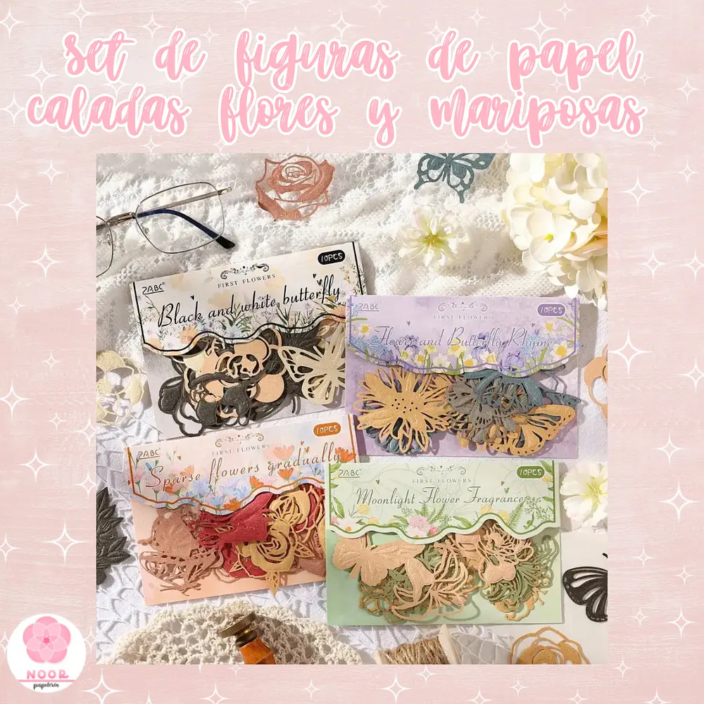 Set de figuras de papel caladas flores y mariposas – 10 piezas