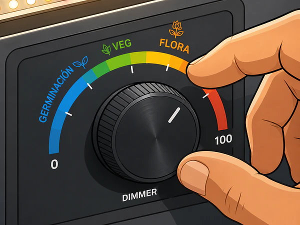 💡 Cómo usar correctamente el dimmer de un panel LED en cada etapa del cultivo