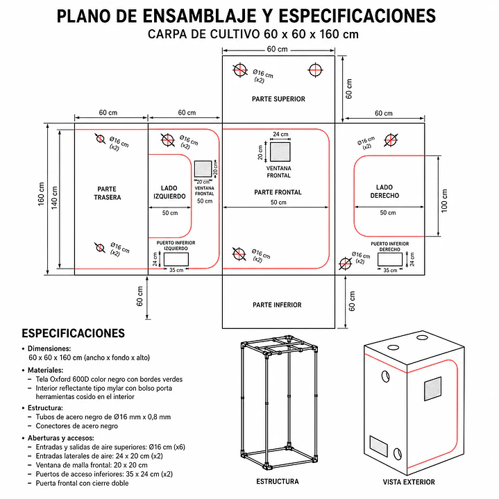 🏕️ Carpa Cropbox 60x60x160 Kasvi – Carpa para Cultivo Indoor 3