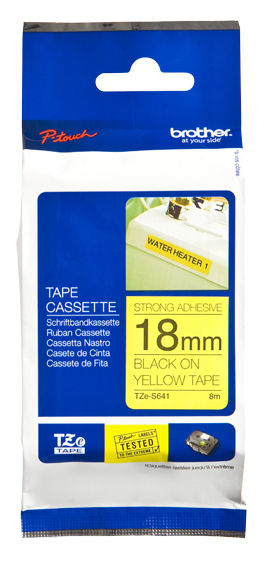 Brother TZe-S641 - Adhesivo extrarresistente - negro sobre amarillo - rollo (1,8 cm x 8 m) 1 cinta(s) tipo laminado - para Brother PT-D600; P-Touch PT-1880, D450, D800, E550, E800, P900, P950; P-Touch EDGE PT-P750
